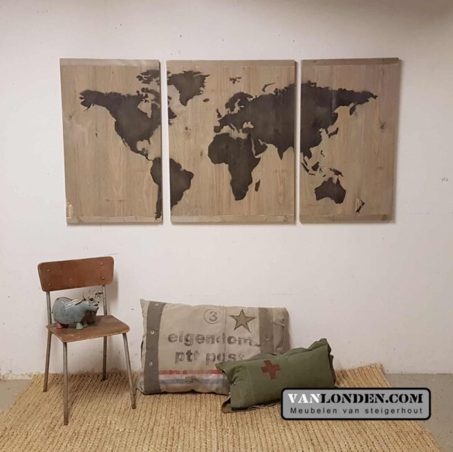 Steigerhouten 3 luik wereldkaart (Steigerhouten accessoires online bestellen)
