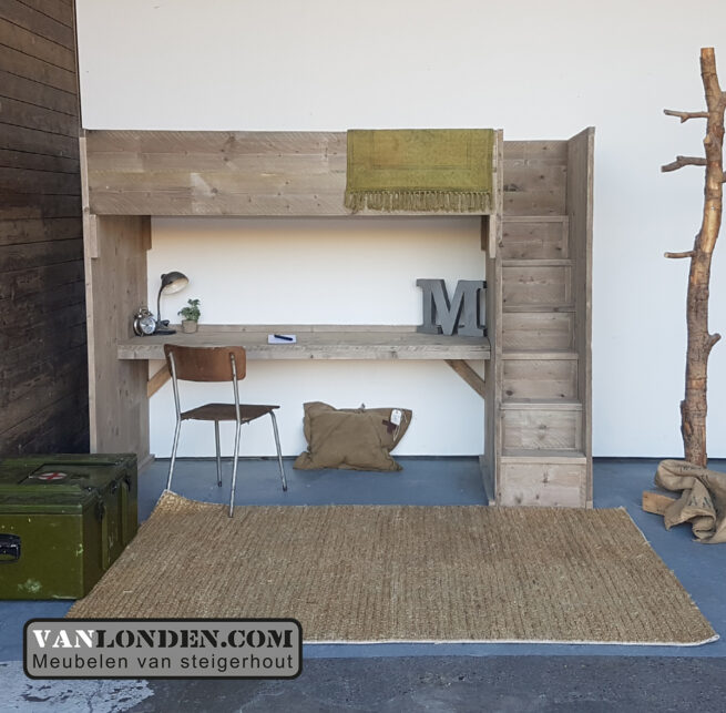 Steigerhouten hoogslaper met bureau Lindsey (Steigerhouten hoogslapers)