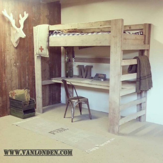 Steigerhouten hoogslaper met bureau Niek (Sale)