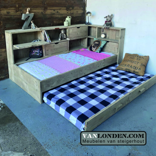 Steigerhouten bed met logeerlade Myriam (Steigerhouten kinderbedden)
