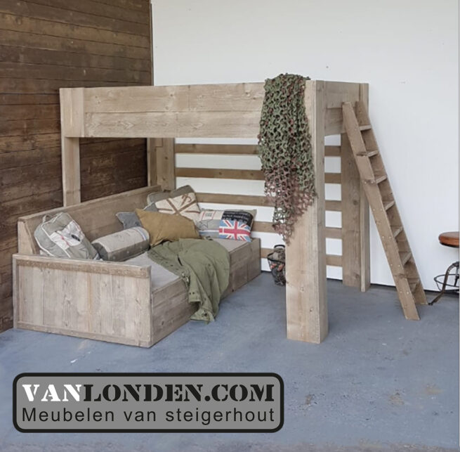 Steigerhouten bed bank combinatie Mikki (Steigerhouten eenpersoonsbedden)