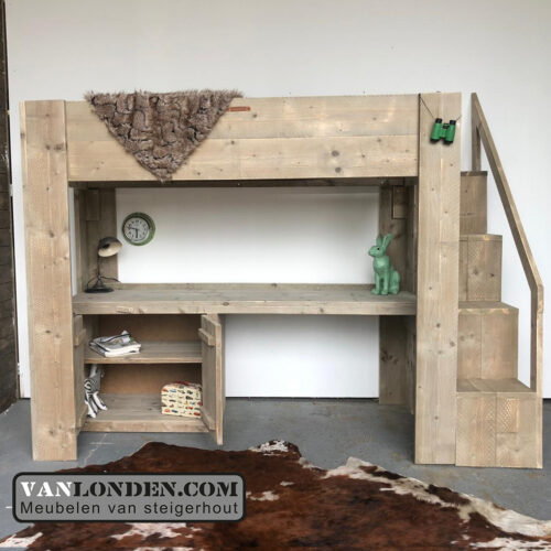 Steigerhouten hoogslaper met bureau Rowie (Steigerhouten hoogslapers)