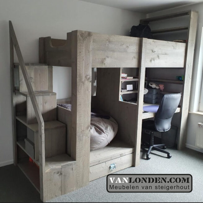 Steigerhouten hoogslaper met bureau Alicia (Steigerhouten hoogslapers)