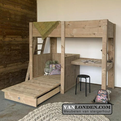 Steigerhouten hoogslaper met bureau Cederic (Steigerhouten hoogslapers)