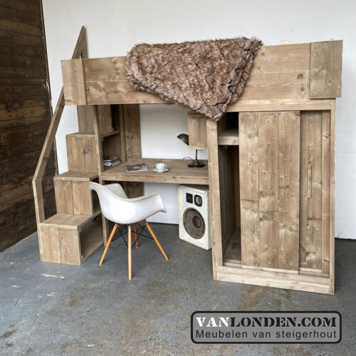 Steigerhouten hoogslaper met bureau en kast Babs (Steigerhouten hoogslapers)