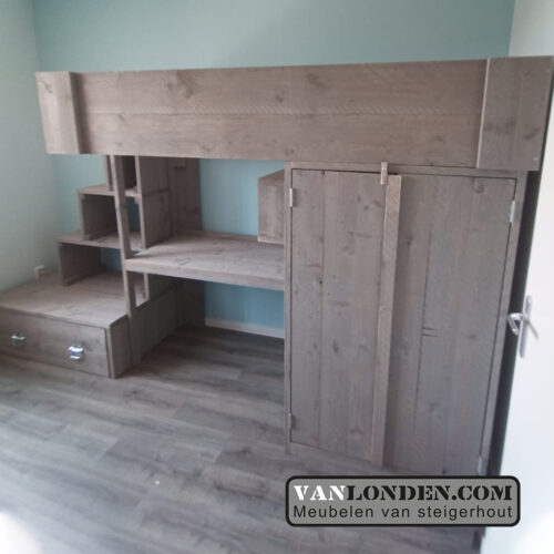 Steigerhouten hoogslaper met bureau en kast Cecilia (Steigerhouten hoogslapers)