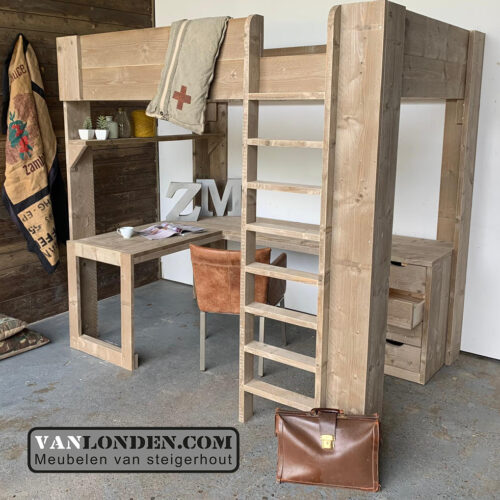 Steigerhouten hoogslaper met hoekbureau Manu (Steigerhouten hoogslapers)