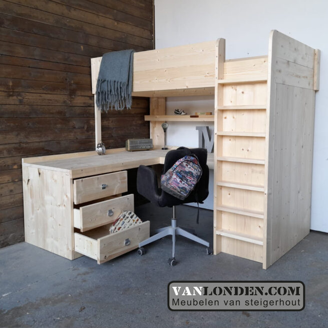 Steigerhouten hoogslaper met hoekbureau Marcel (Steigerhouten hoogslapers)
