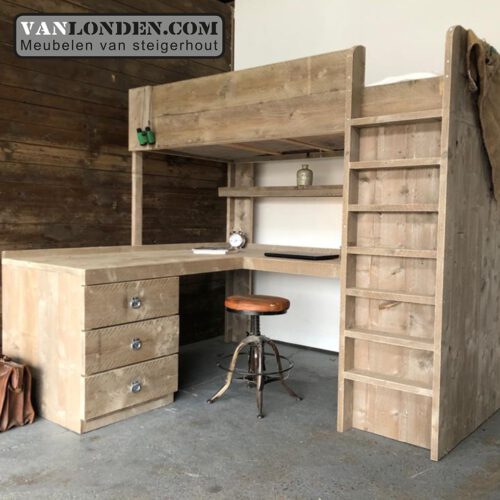 Steigerhouten hoogslaper met hoekbureau Mike (Steigerhouten hoogslapers)