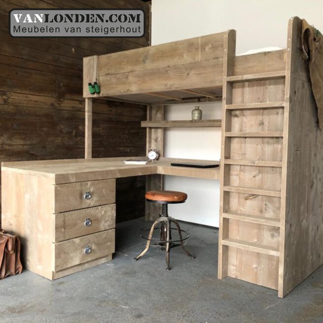 Steigerhouten hoogslaper met hoekbureau Mike (Steigerhouten hoogslapers)