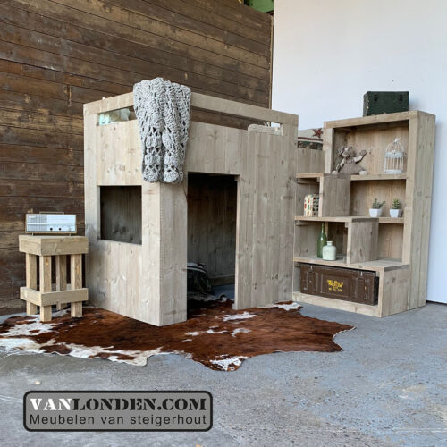 Steigerhouten hoogslaper met kast Josje (Steigerhouten hoogslapers)