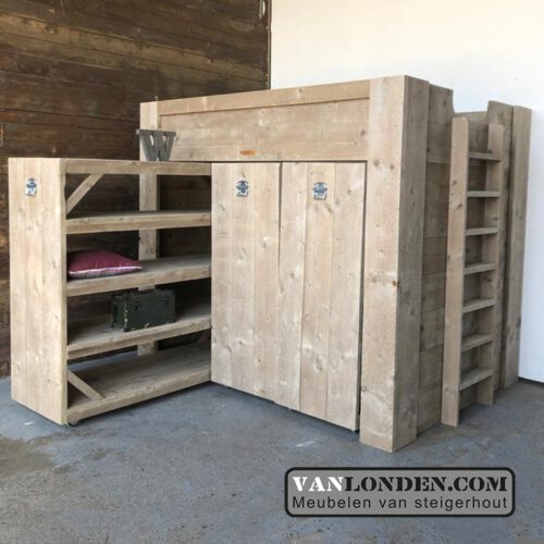 Steigerhouten hoogslaper met kasten Jake (Steigerhouten hoogslapers)
