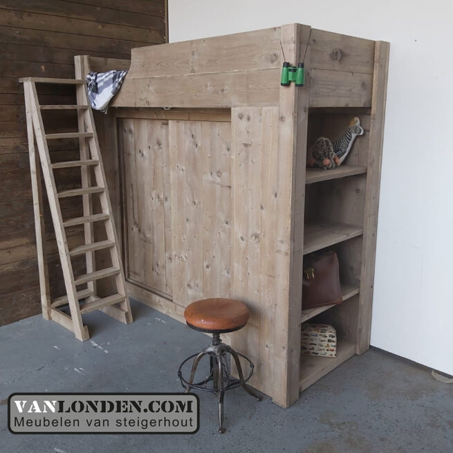 Steigerhouten hoogslaper met schuifdeurkast Jeppe (Steigerhouten hoogslapers)