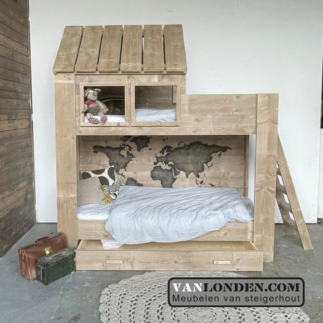 Steigerhouten huisjesbed Birgit (Stapelbedden)