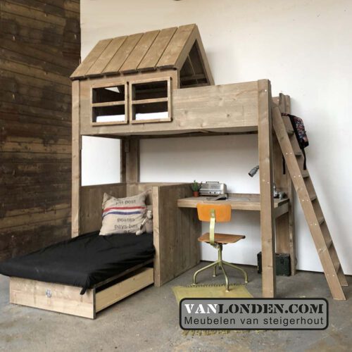 Steigerhouten huisjesbed met bureau Gideon (Stapelbedden)