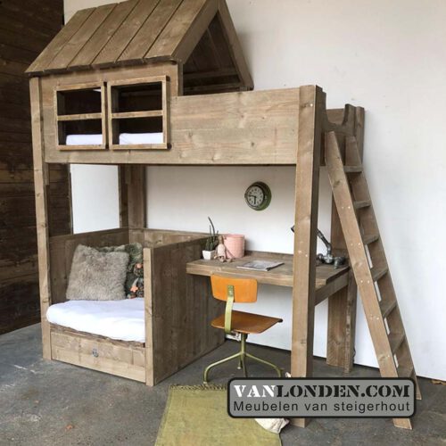 Steigerhouten huisjesbed met bureau Gonnie (Steigerhouten hoogslapers)
