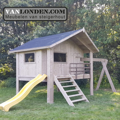 Steigerhouten speelhuis met glijbaan Denny (Steigerhouten speelhuizen op maat gemaakt)