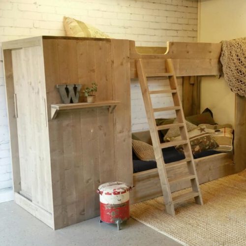 Steigerhouten stapelbed met kast Steven (Stapelbedden)