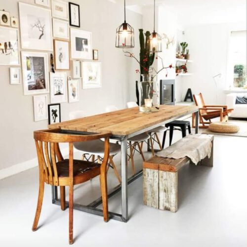 Steigerhouten tafel Fiene met stalen onderstel (Steigerhouten eettafels online bestellen)