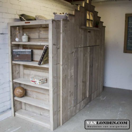 Steigerhouten gevelbed met bedstee Dominique (Steigerhouten halfhoogslapers)