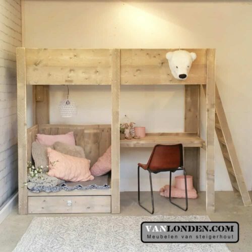 Steigerhouten hoogslaper met bureau Celine (Steigerhouten hoogslapers)