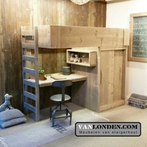 Steigerhouten hoogslaper met bureau Ferdy (Steigerhouten hoogslapers)