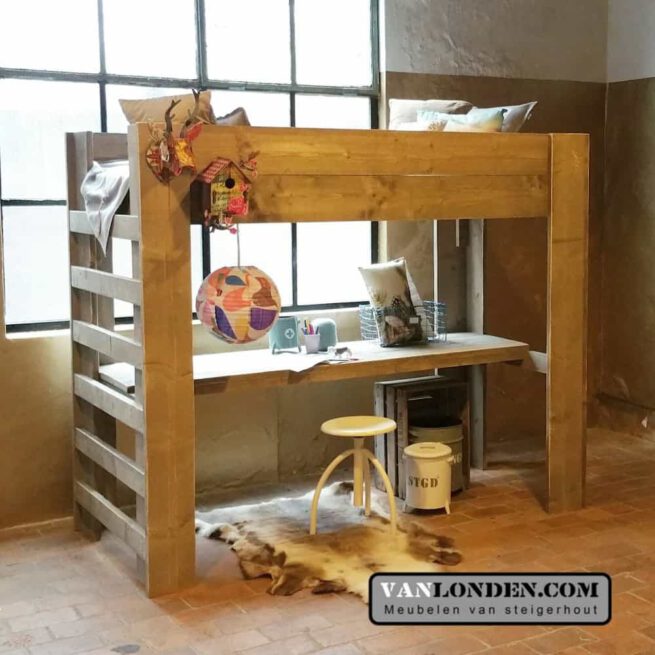 Steigerhouten hoogslaper met bureau Jelmar (Sale)
