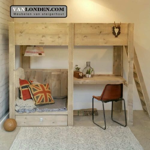 Steigerhouten hoogslaper met bureau Chiel (Steigerhouten hoogslapers)