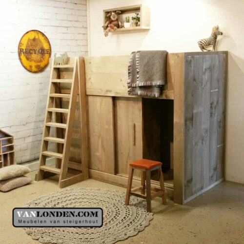 Steigerhouten hoogslaper met kast Rogier (Steigerhouten hoogslapers)